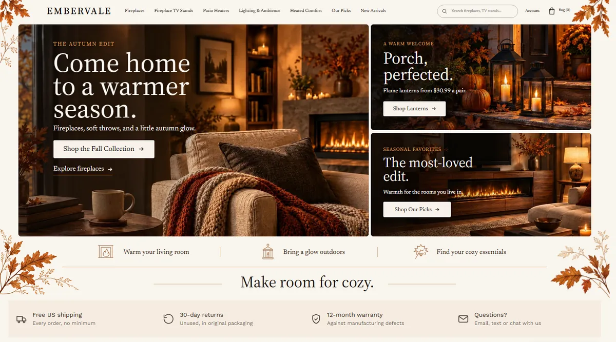 Embervale storefront home page with the autumn collection hero