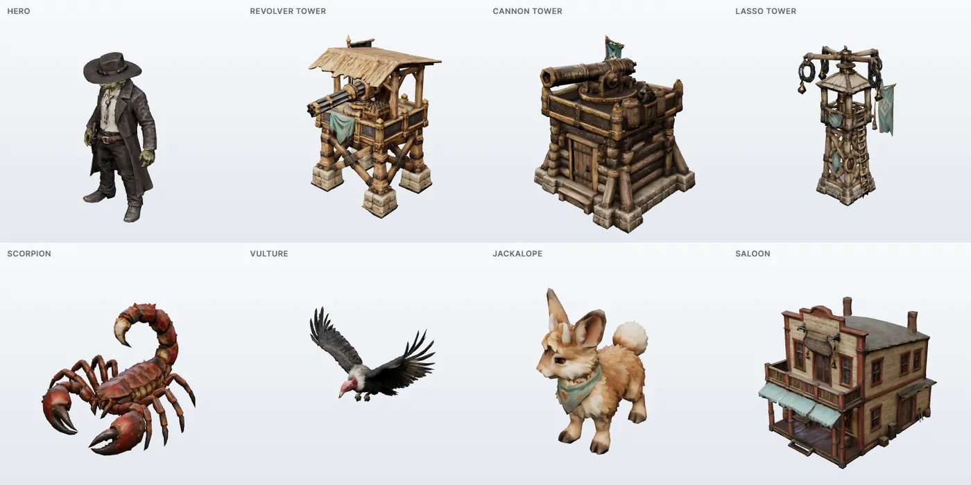 Contact sheet of eight rendered 3D models: a hero character, three towers, a scorpion, a vulture, a jackalope and a saloon